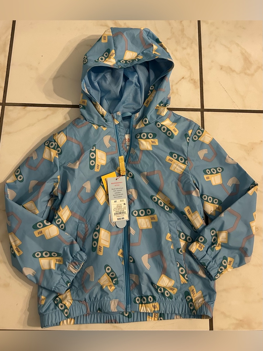 Cat & Jack Blue Hooded Raincoat with Yellow Construction Print 5T